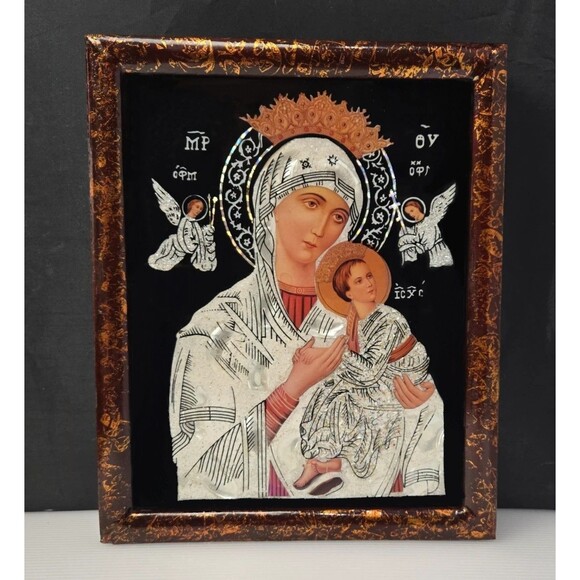 Byzantine Orthodox Icon Theotokos Madonna & Child Mother of Pearl Inlay Framed - Picture 1 of 13